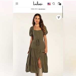 Lulus Got All That Olive Puff Sleeve Tiered Midi Dress With Pockets - Never Worn